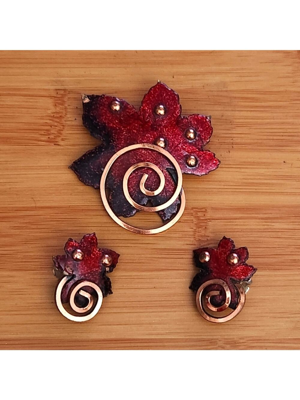 Vintage MATISSE Copper Enamel Red Maple Leaf Brooch & Earrings Set Mid Century